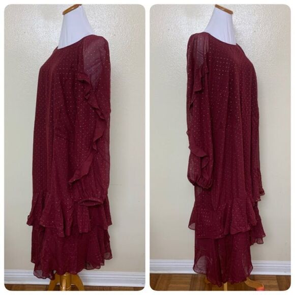 Cooper St Chiffon Dress Sz 22 Texture Dot & Ruffle Red White Asymmetrical - Picture 3 of 11